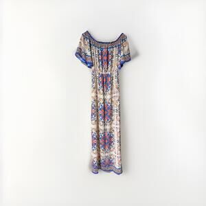 Flying Tomato Floral Beige Orange Turquoise Bohemian Long Maxi Summer Dress S